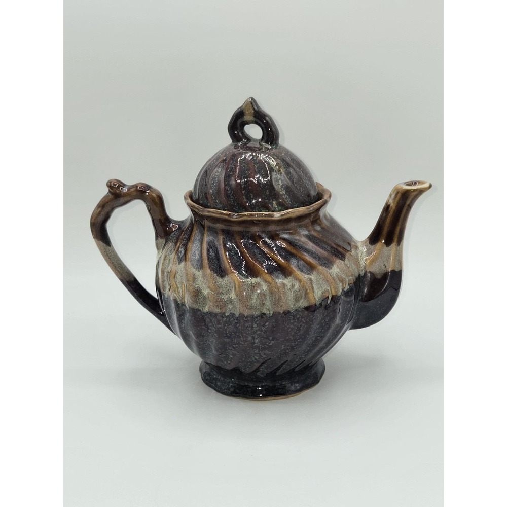Studio Pottery Drip Glaze Teapot Brown Earth Tone Ribbed‎ Form Lidded 8.5"